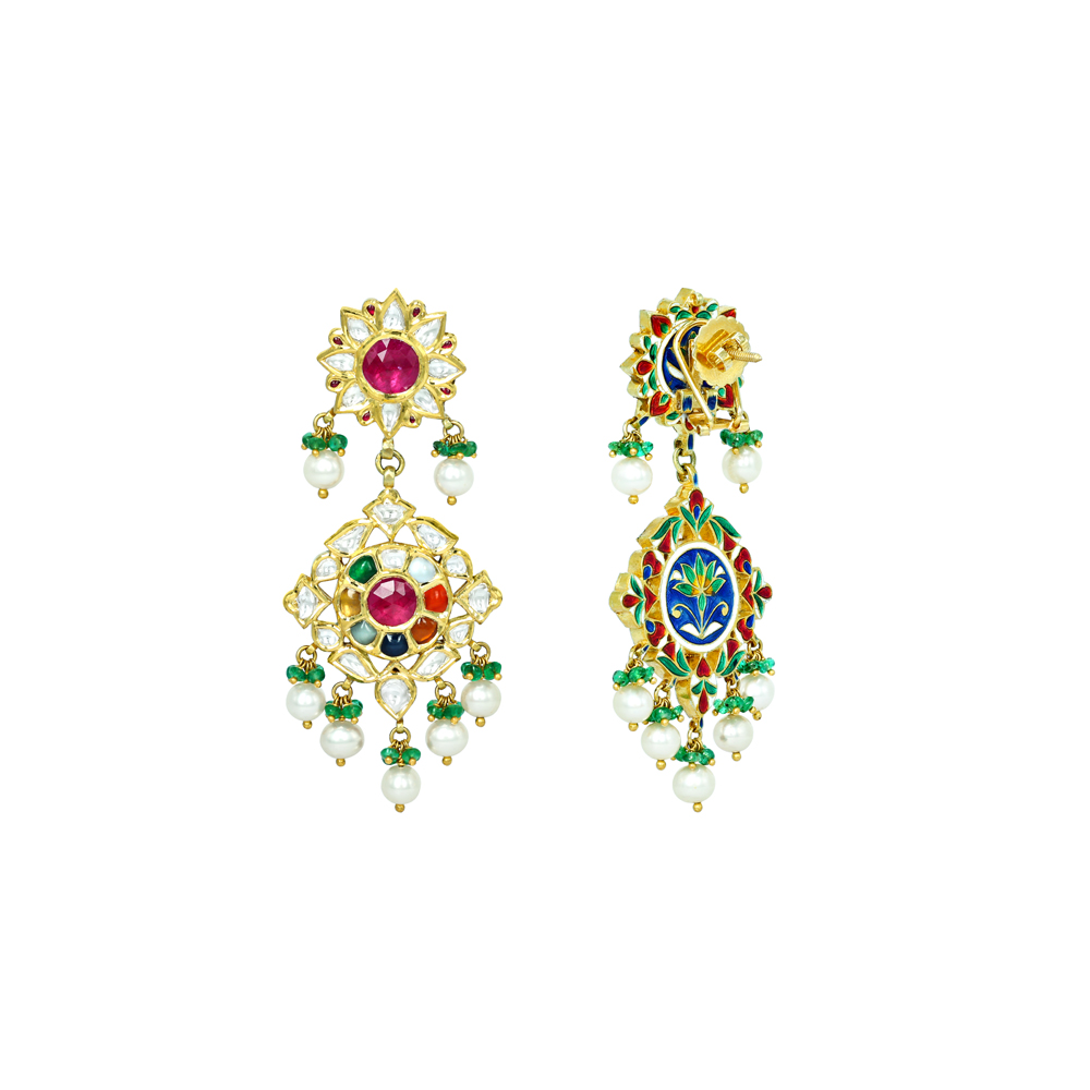Navaratan Earrings with Polki Diamonds, Pearls, and Emerald Beads